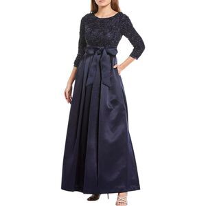 Jessica Howard | Dresses | Jessica Howard Navy Blue Satin Gown Lace Floral  Bodice 34 Sleeves Plus Size 8 | Poshmark